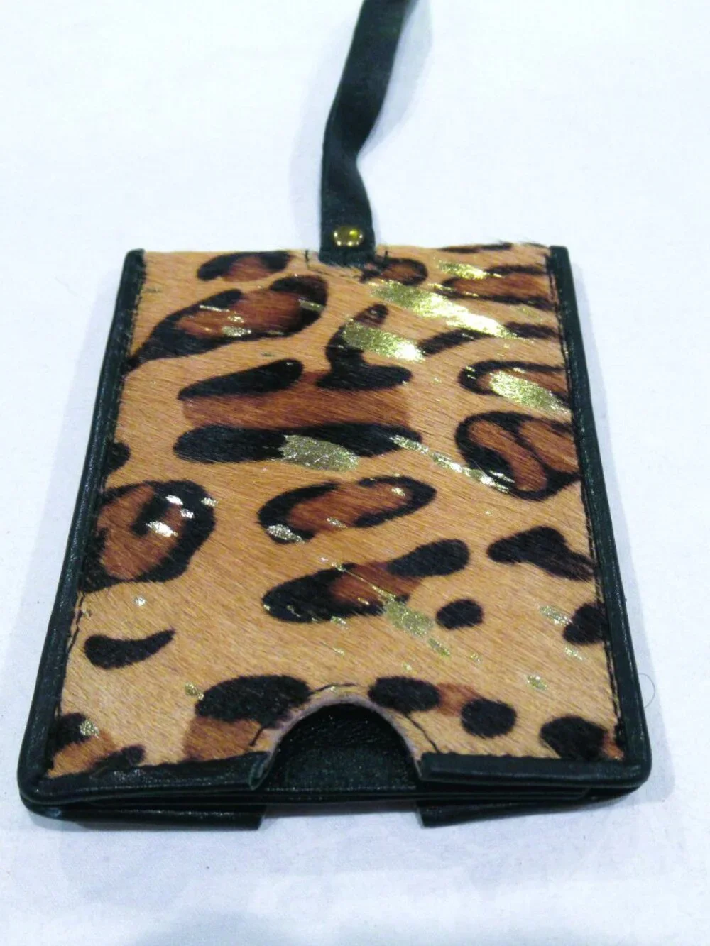 Leopard print luggage tag, gold sparkle